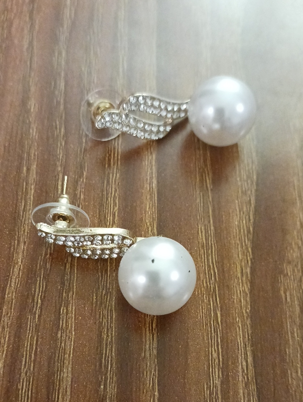 White Pearl and Gold Crystal Wing Stud Earrings
